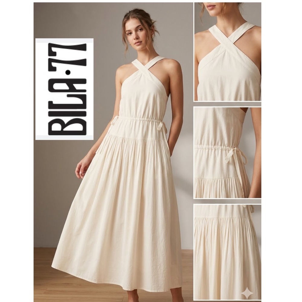 Anthropologie Bila77 Cream Linen Blend Halter Maxi Dress Tiered Drawstring Waist